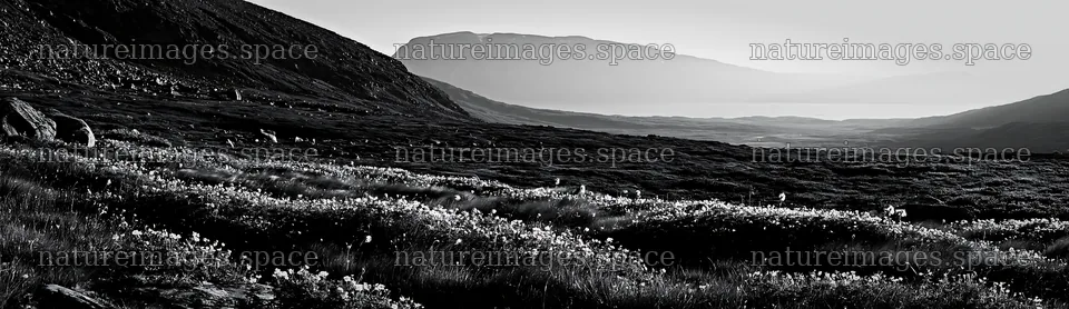 Meadow beneath crags with scattered flowers and distant mountains – nature images 14762x4268