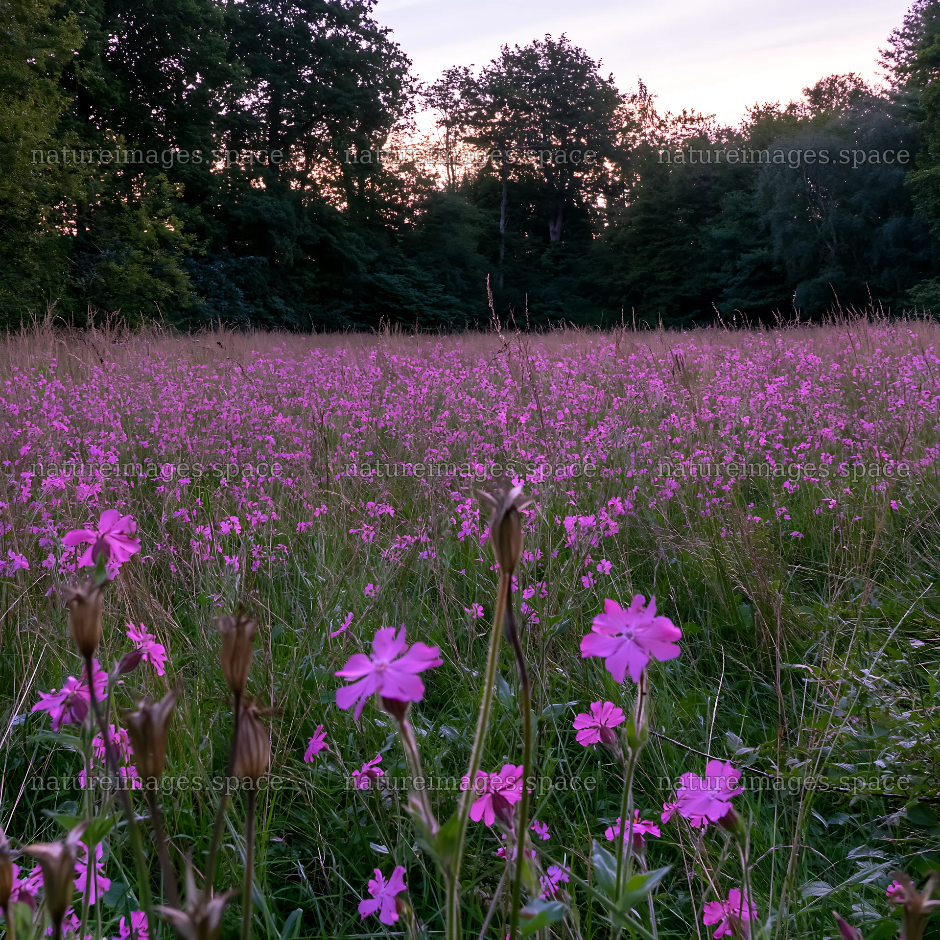 Meadow with wildflowers at the edge of a forest in sunset light – nature images 7938x7938