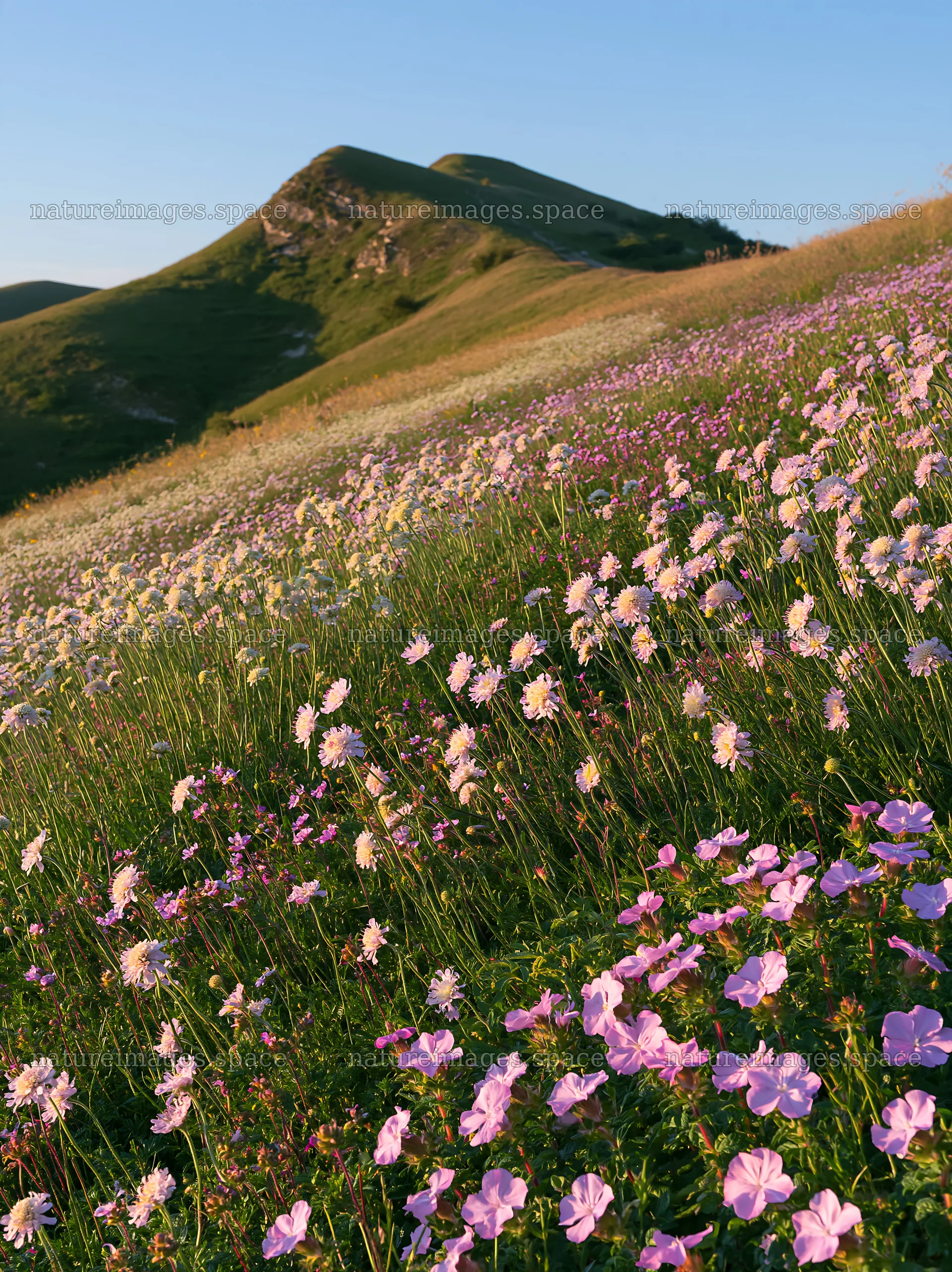 Sunny chalk meadow with vibrant flowers under clear sky – nature images 6866x9174