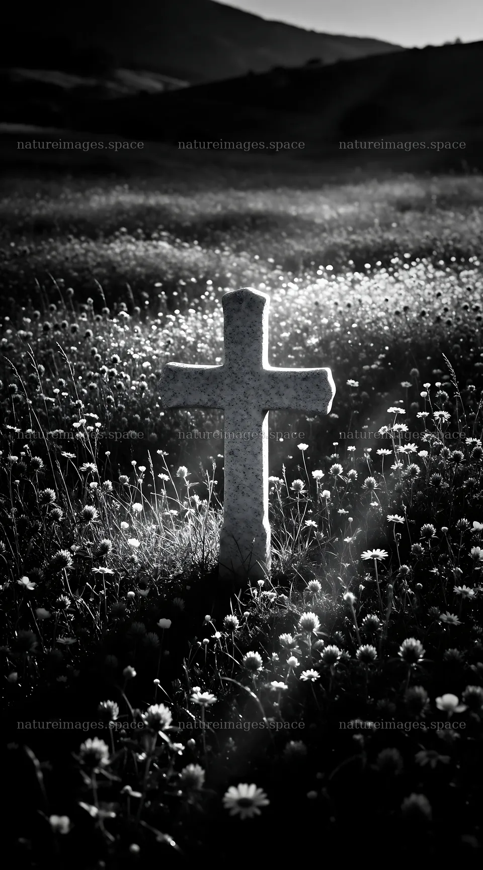 Christian cross in meadow with light rays – nature images 5916x10648