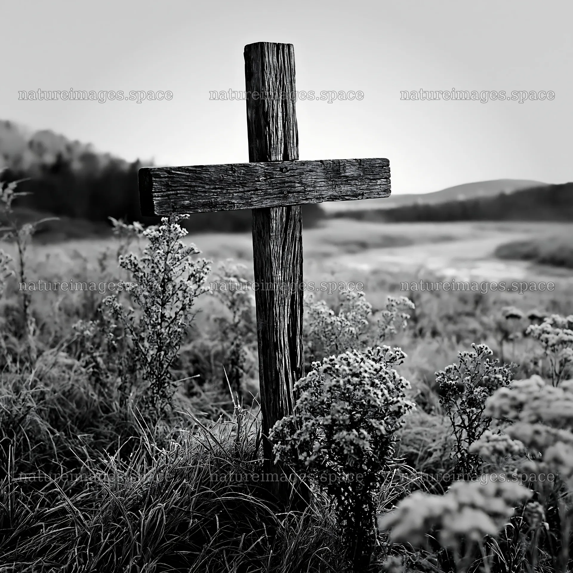 Cross standing in a frost covered meadow in black and white – nature images 7938x7938
