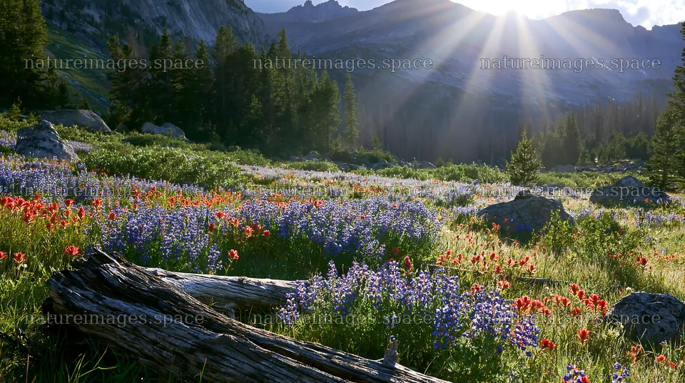 Crepuscular rays shining over a wildflower meadow in spring – nature images 10608x5938