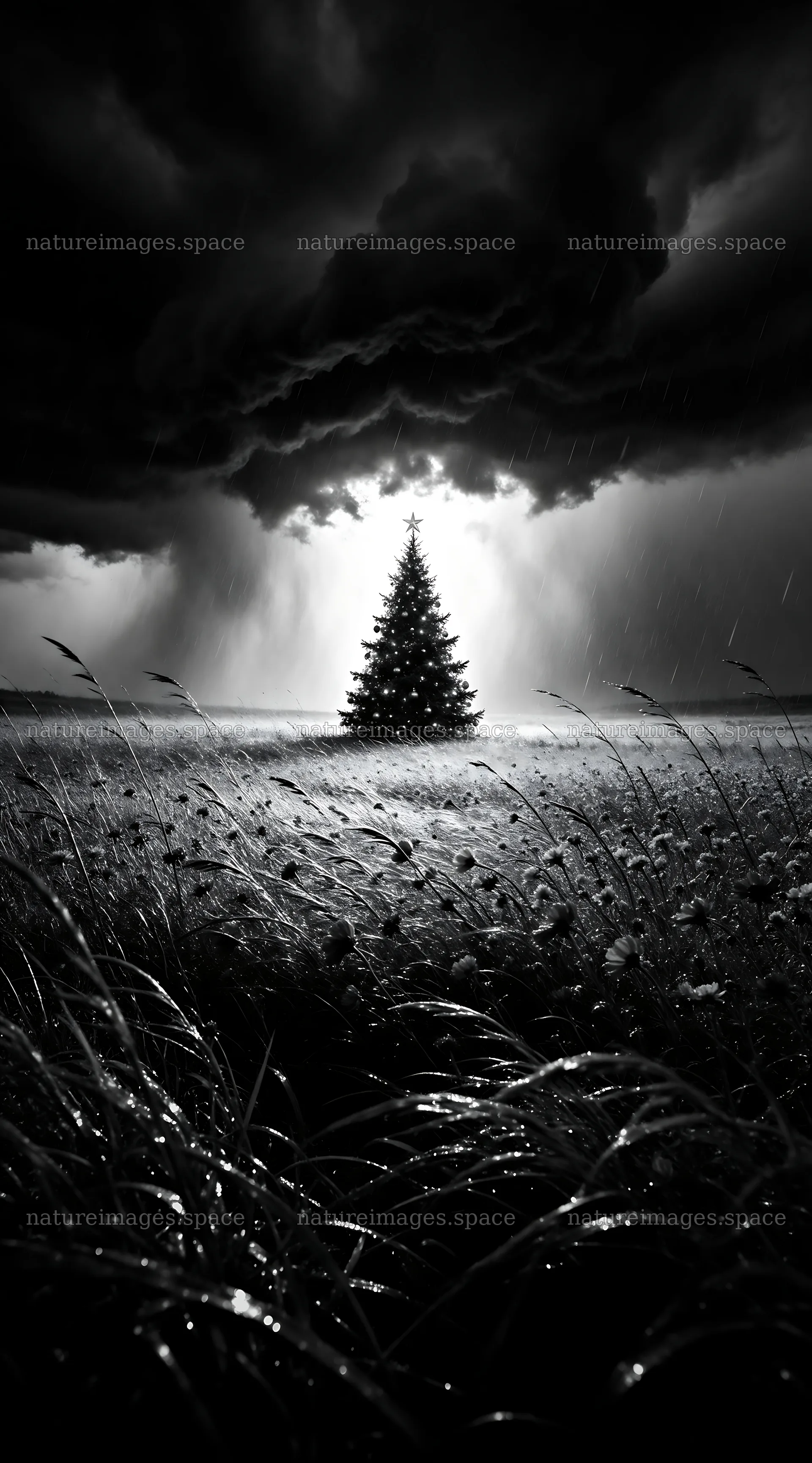Vibrant Christmas tree in a winter meadow at dusk – nature images 5916x10648