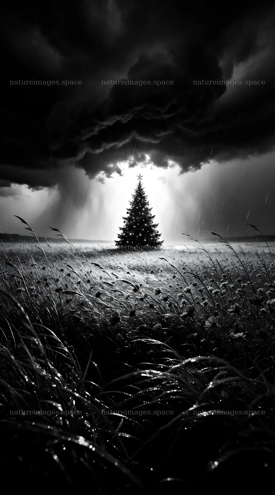 Vibrant Christmas tree in a winter meadow at dusk – nature images 5916x10648