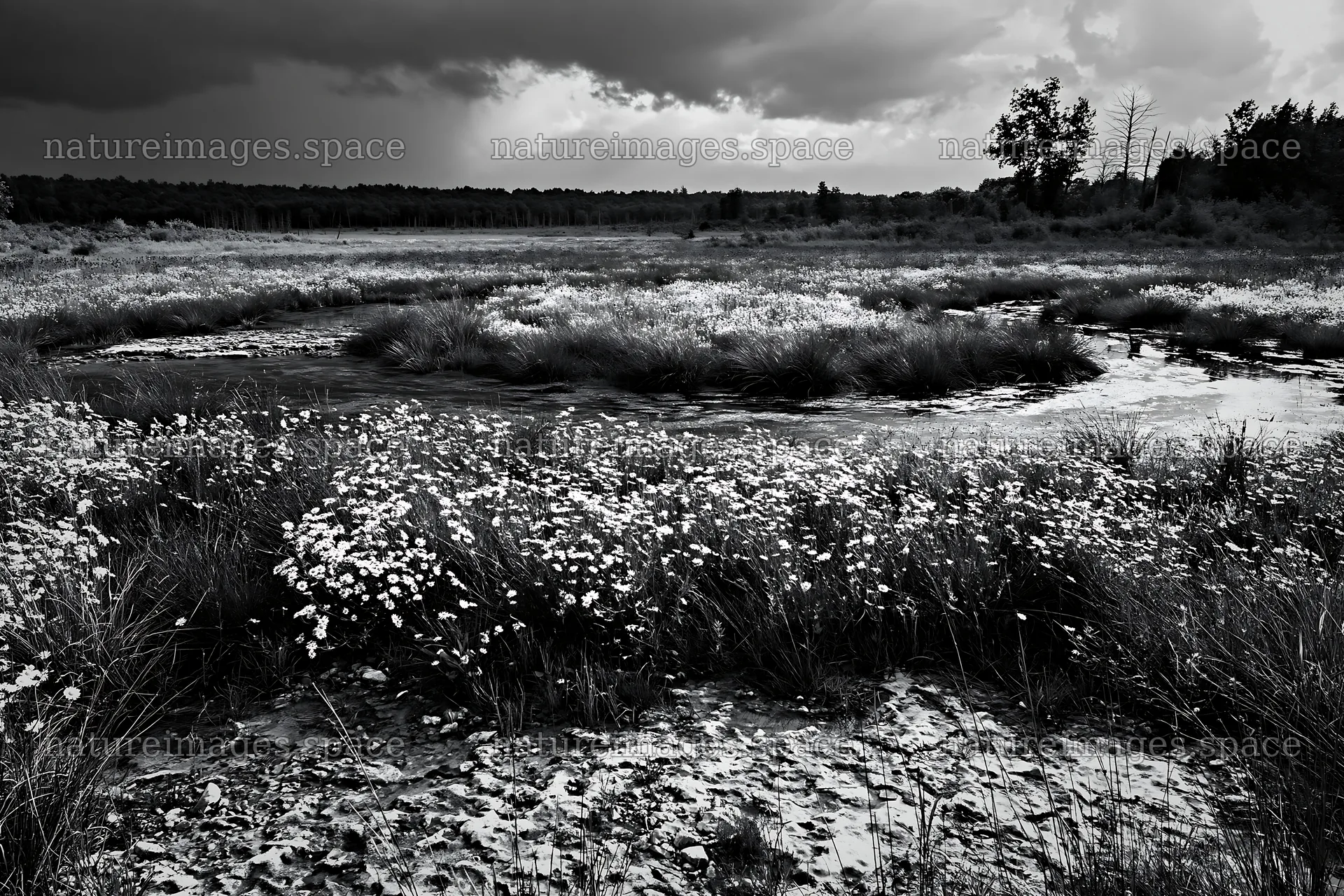 Winding stream through meadow under dark clouds – nature images 9722x6480