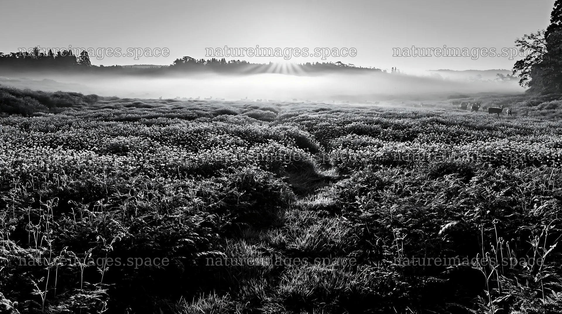 Nara summer meadow with ferns and mist in black and white – nature images 10608x5938