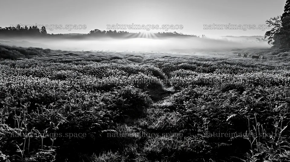 Nara summer meadow with ferns and mist in black and white – nature images 10608x5938