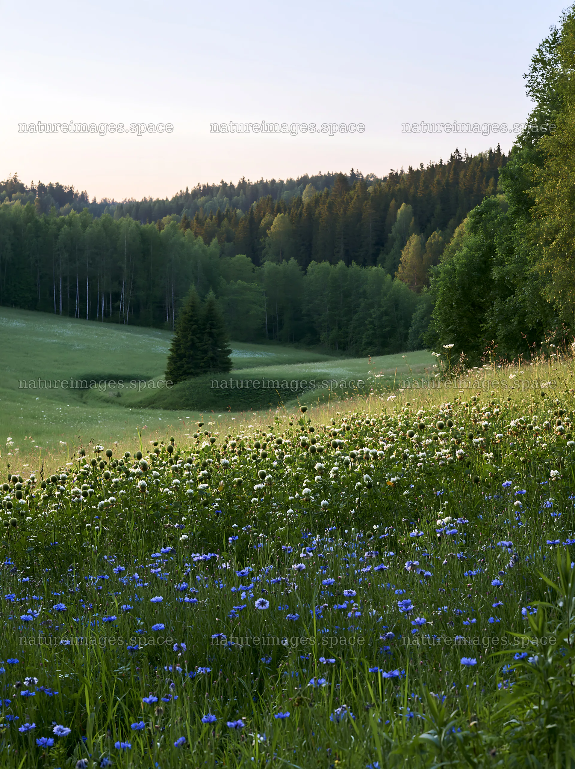 Clover cornflower meadow with trees in the background – nature images 6866x9174
