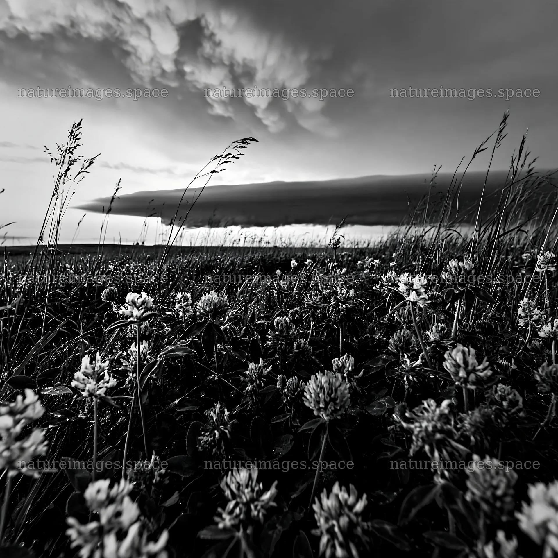 Clover meadow with dew under a cloud-filled sky – nature images 7938x7938