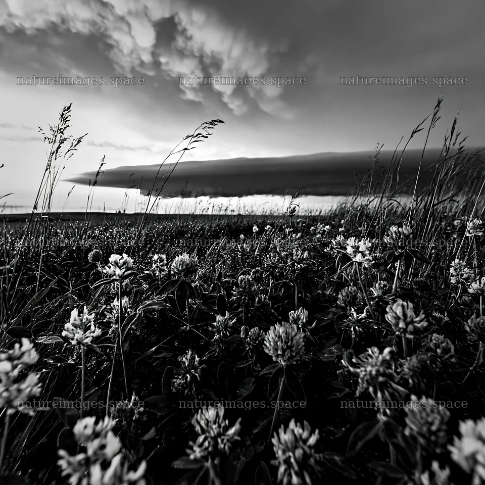 Clover meadow with dew under a cloud-filled sky – nature images 7938x7938