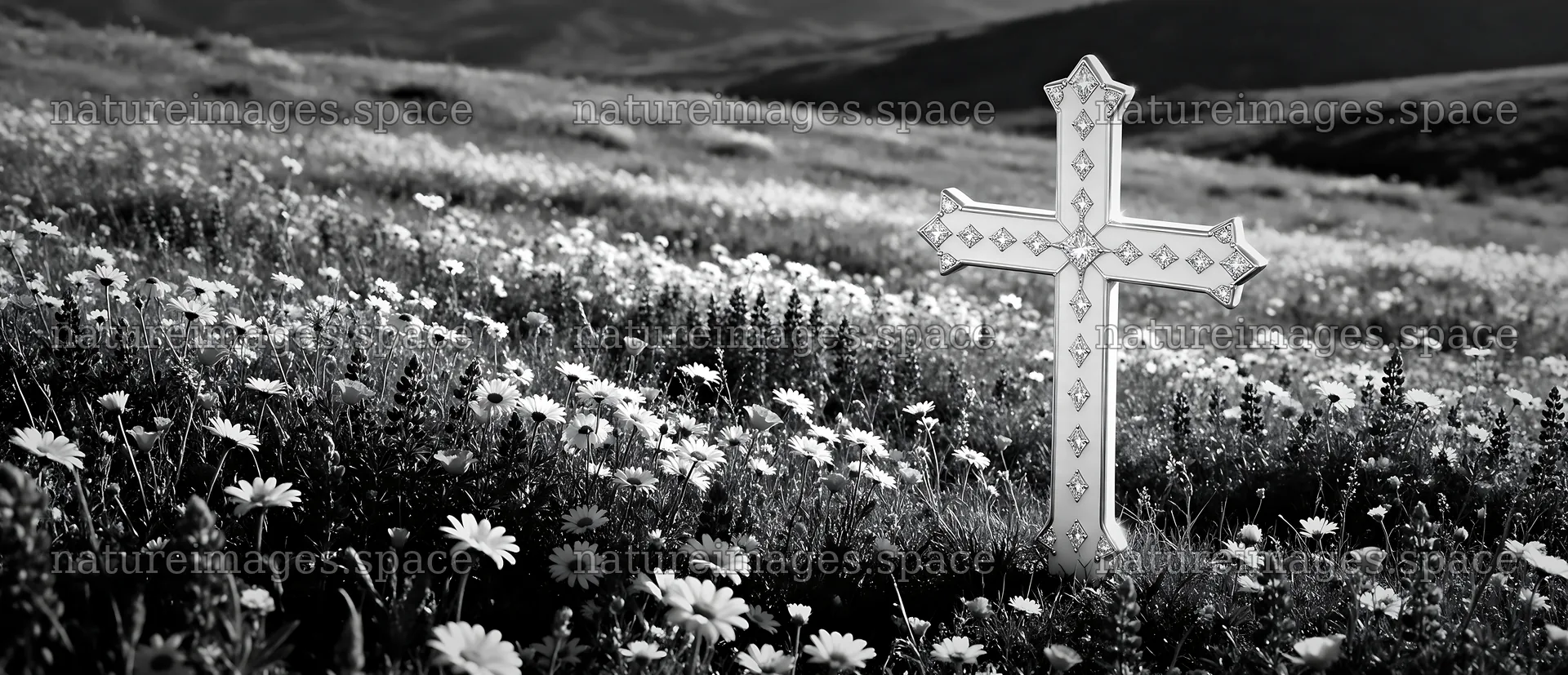 White Christian cross in wildflower meadow – nature images 12094x5210