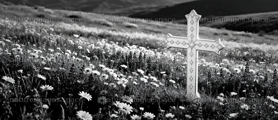 White Christian cross in wildflower meadow – nature images 12094x5210