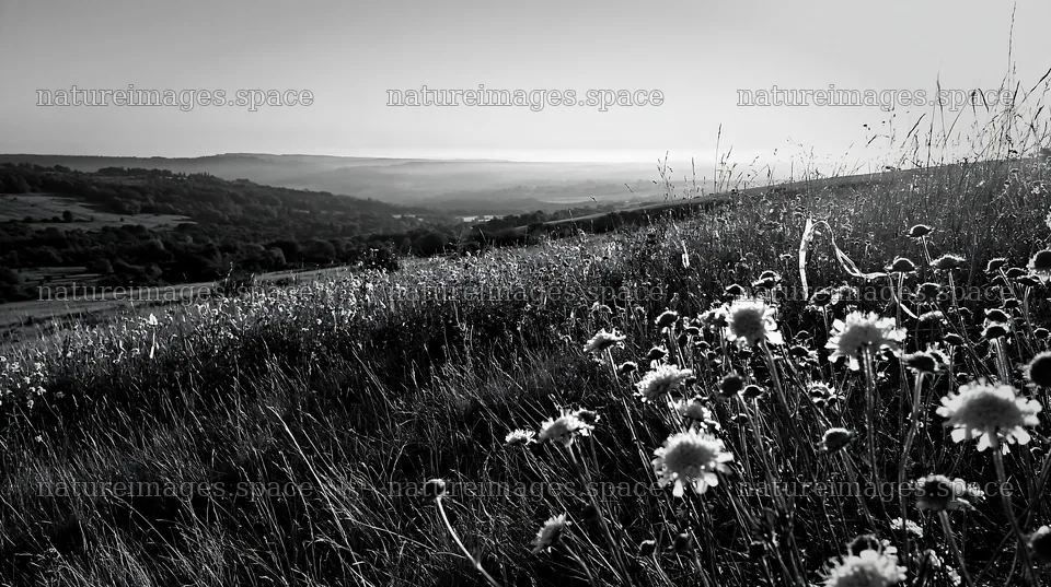 Sunny chalk meadow with wildflowers on a hillside – nature images 10608x5938