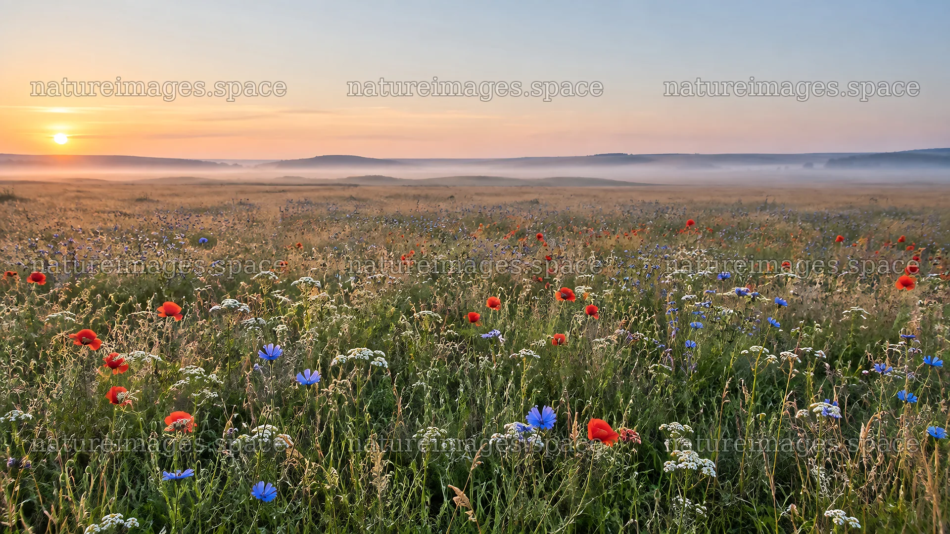 Wildflower Meadow at Sunrise in Morning Mist – nature images 10324x5812