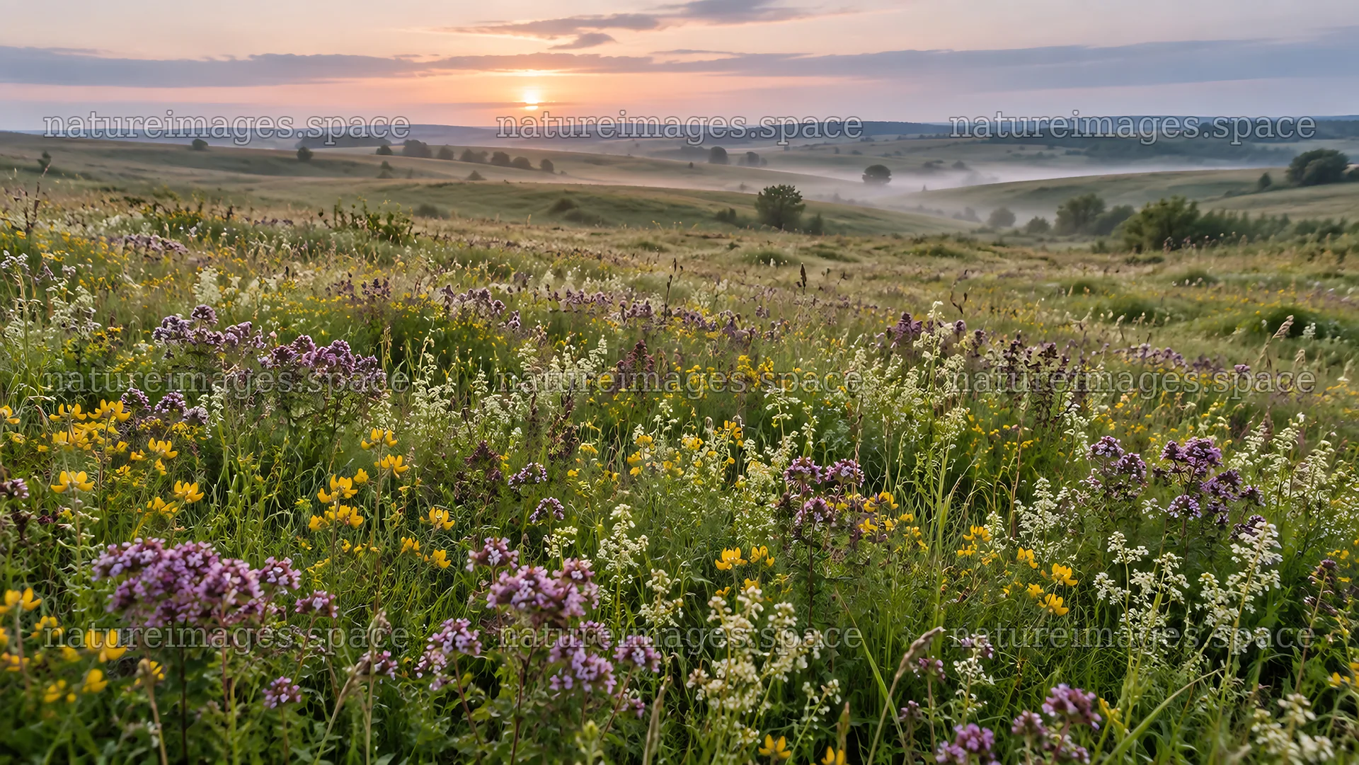 Wildflower meadow in morning mist at sunrise – nature images 10324x5812