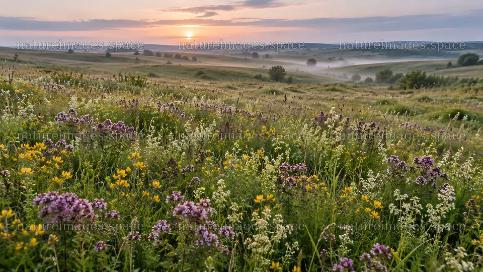 Wildflower meadow in morning mist at sunrise – nature images 10324x5812