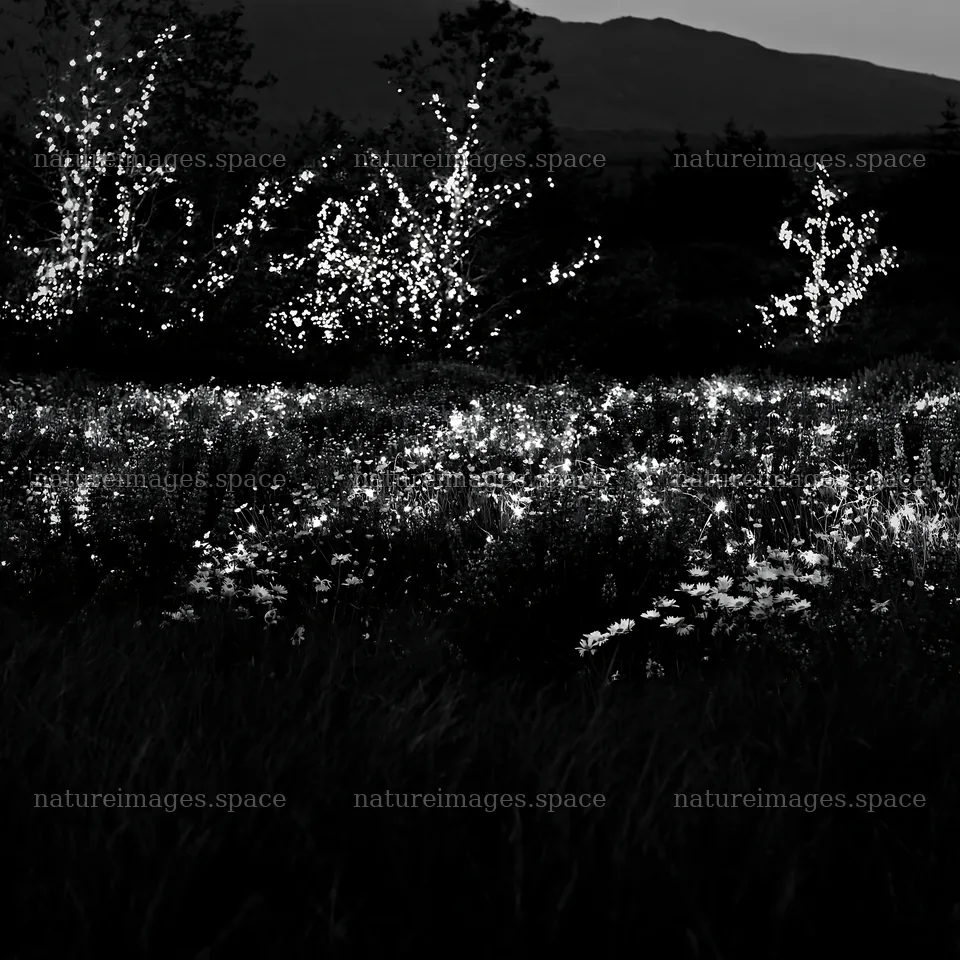 Vibrant meadow with Christmas lights at dusk – nature images 7938x7938