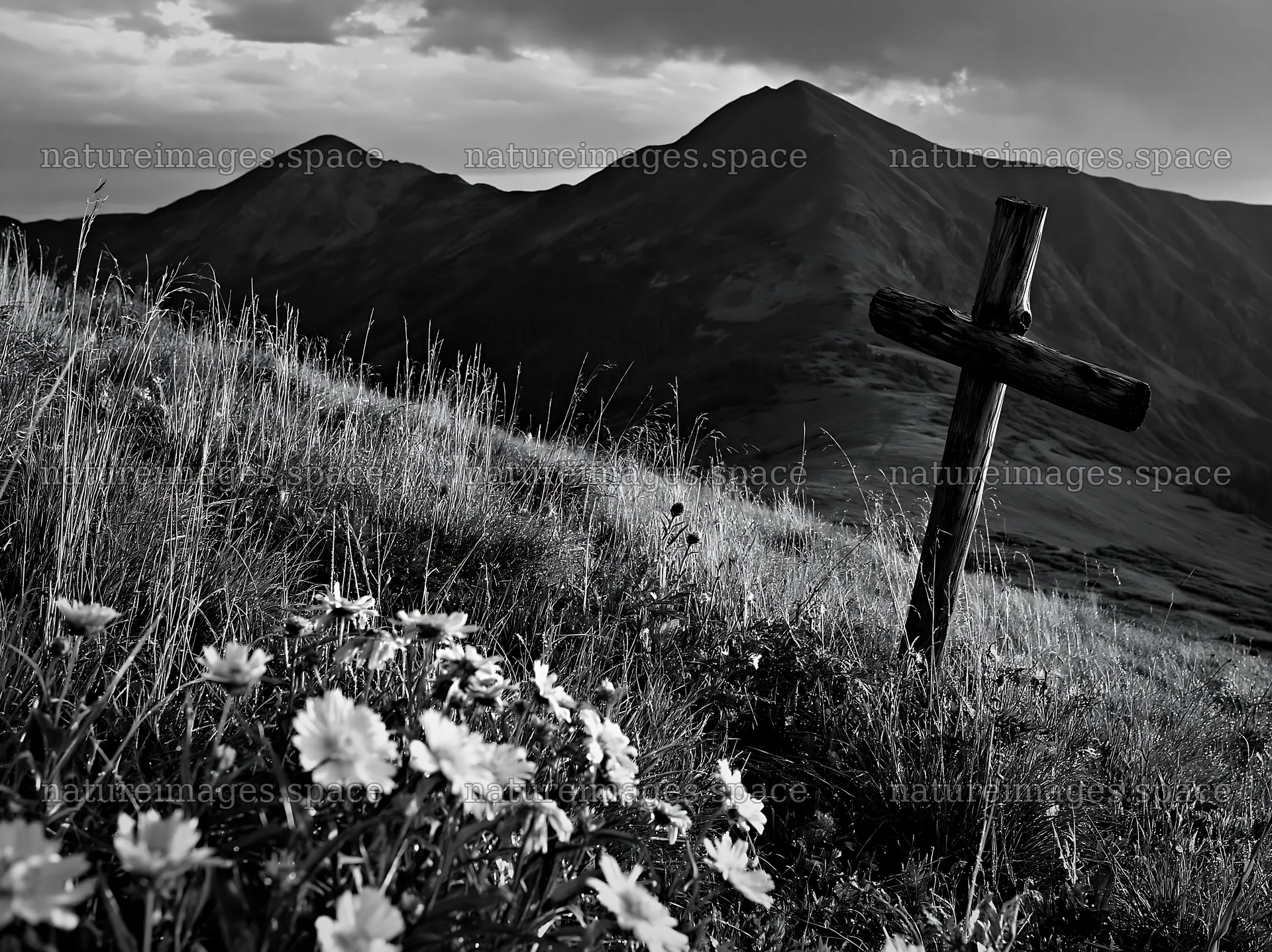 Wooden Christian cross in mountain meadow with flowers – nature images 9174x6866
