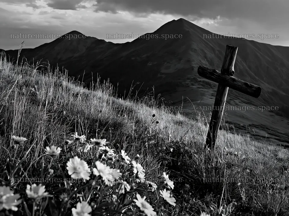 Wooden Christian cross in mountain meadow with flowers – nature images 9174x6866