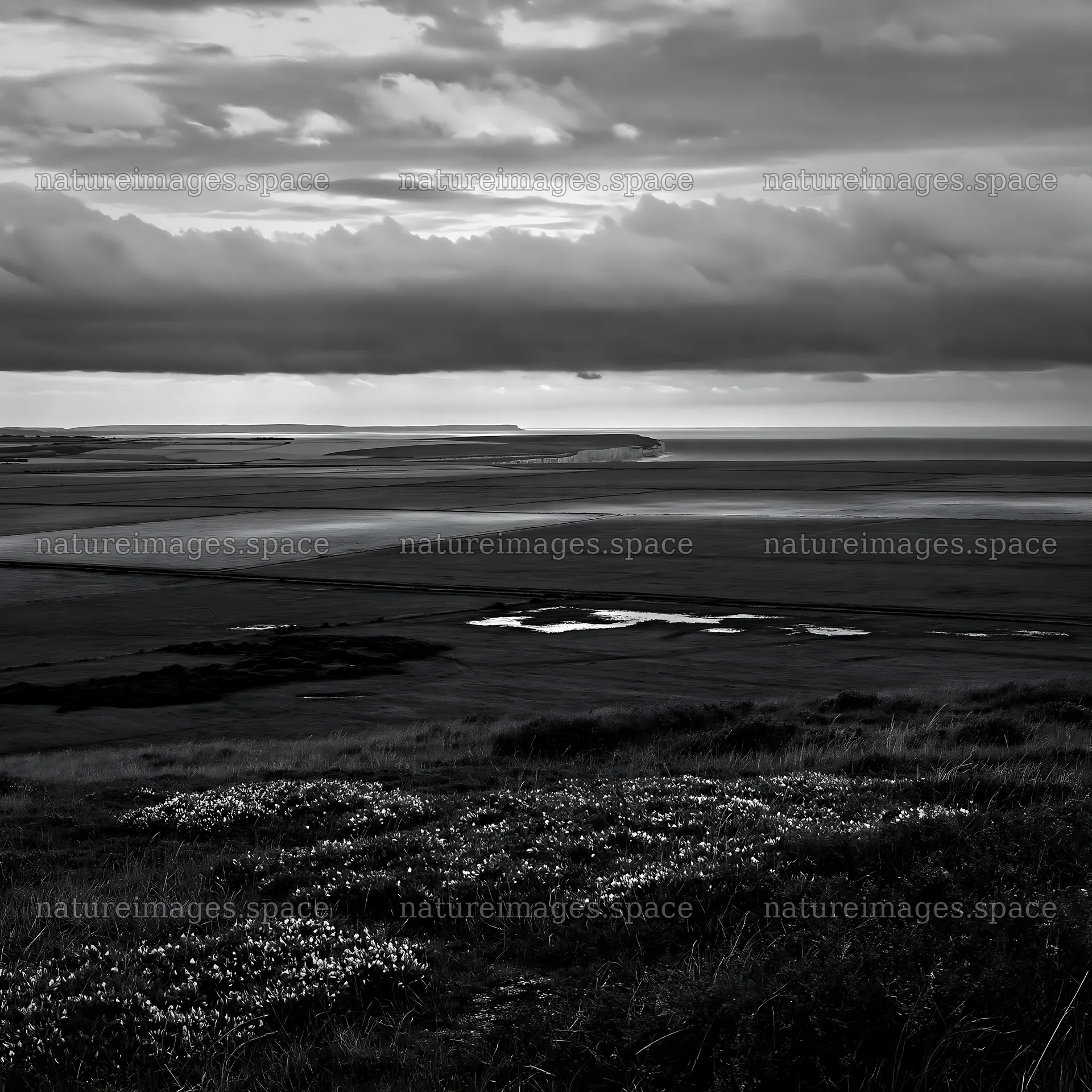 Cloudy chalk meadow with distant coastline and water features – nature images 7938x7938
