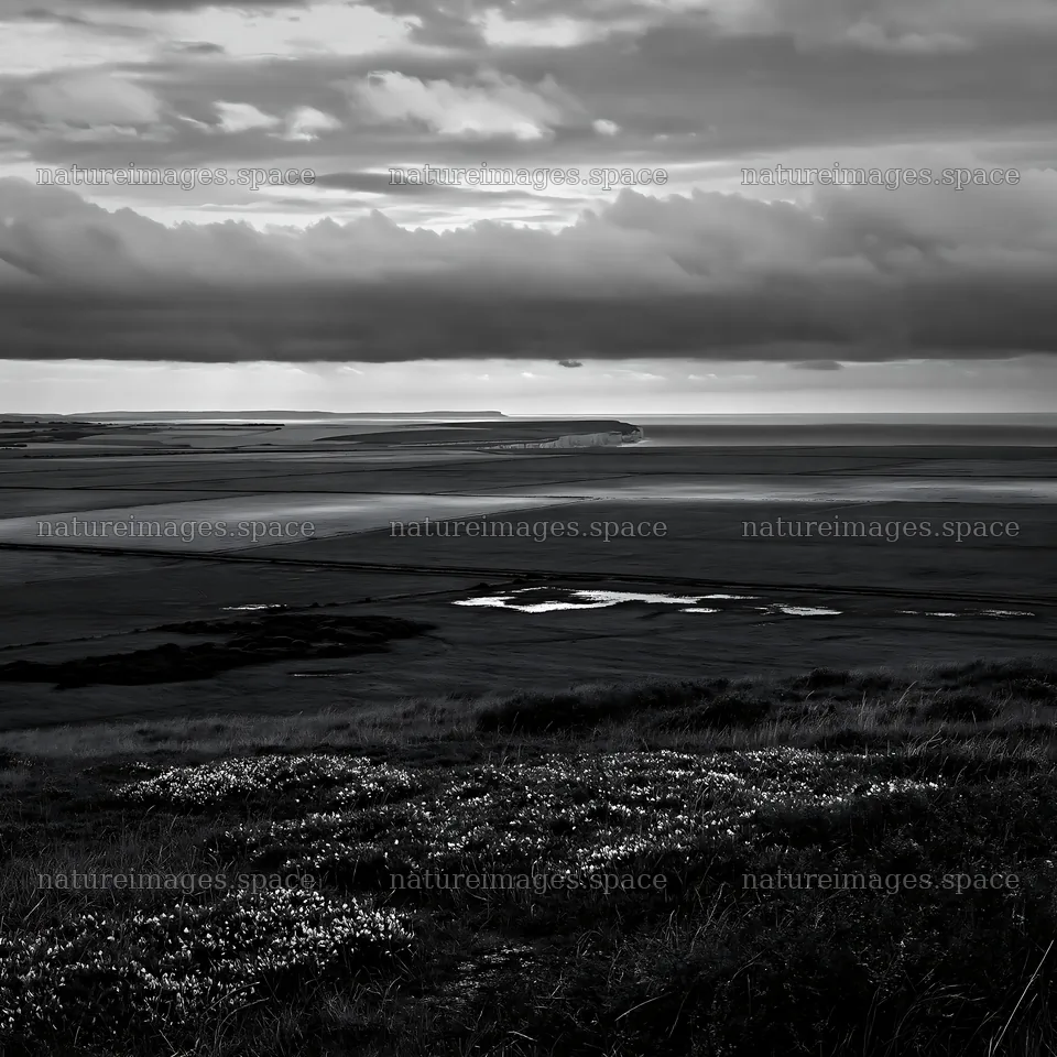 Cloudy chalk meadow with distant coastline and water features – nature images 7938x7938