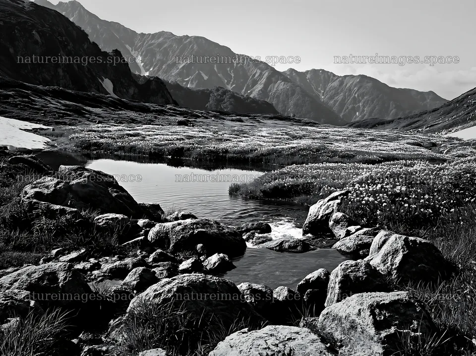 Toyama alpine meadow with snowmelt and rocky foreground – nature images 9174x6866