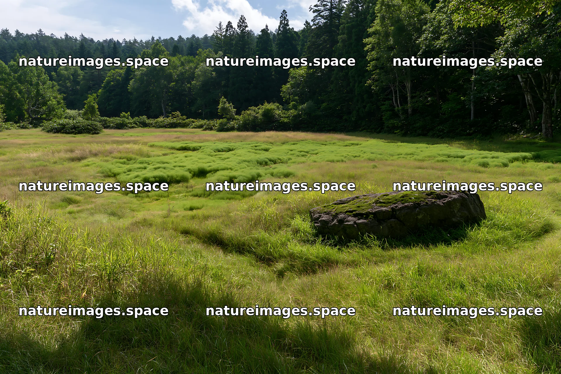 Aomori climate resilient meadow with boulder surrounded by trees – nature images 9722x6480