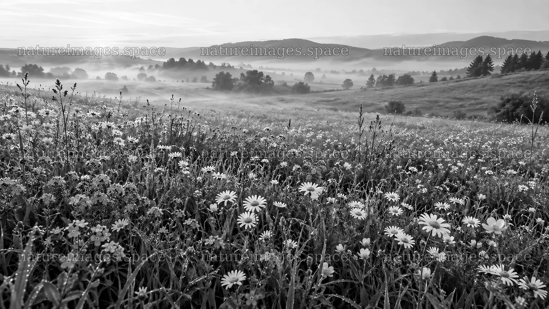Monochrome Flower Meadow in Morning Mist – nature images 10324x5812