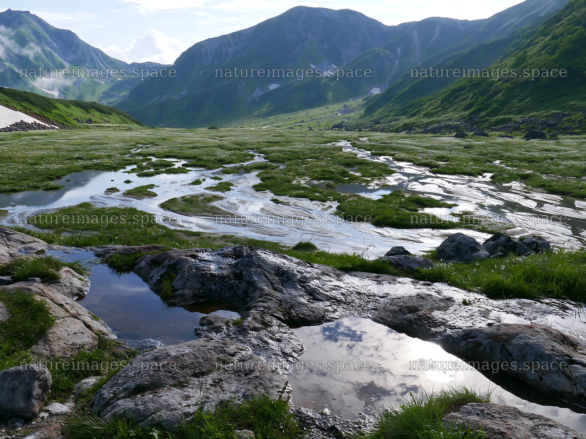 Toyama alpine meadow snowmelt rock foreground – nature images 9174x6866