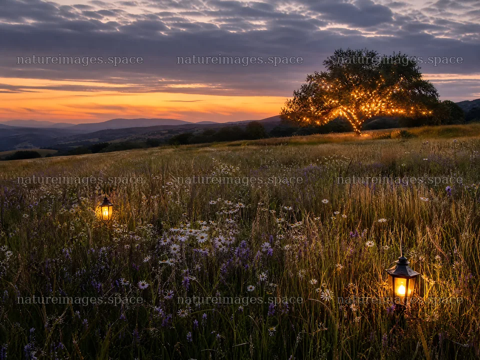 Vibrant Christmas lights glowing in meadow at dusk – nature images 9166x6874