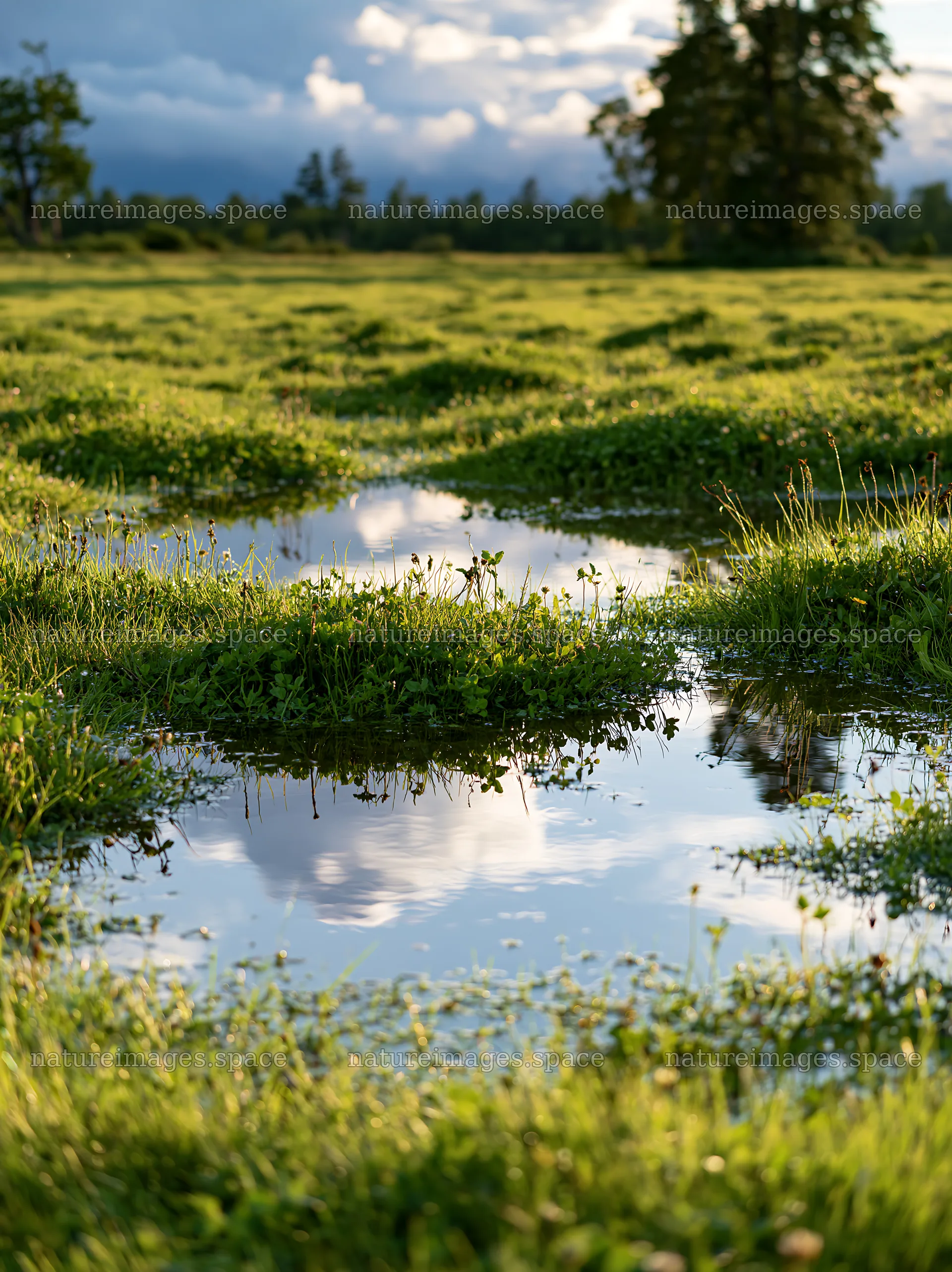 Clover apple meadow with water reflections and green landscape – nature images 6866x9174