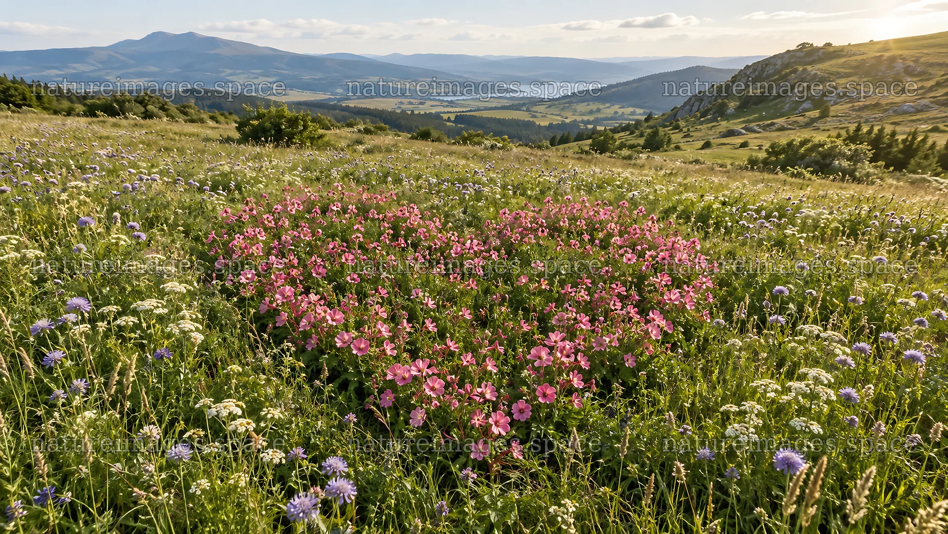 Heart-Shaped Patch of Pink Flowers in a Mountain Meadow – nature images 10324x5812
