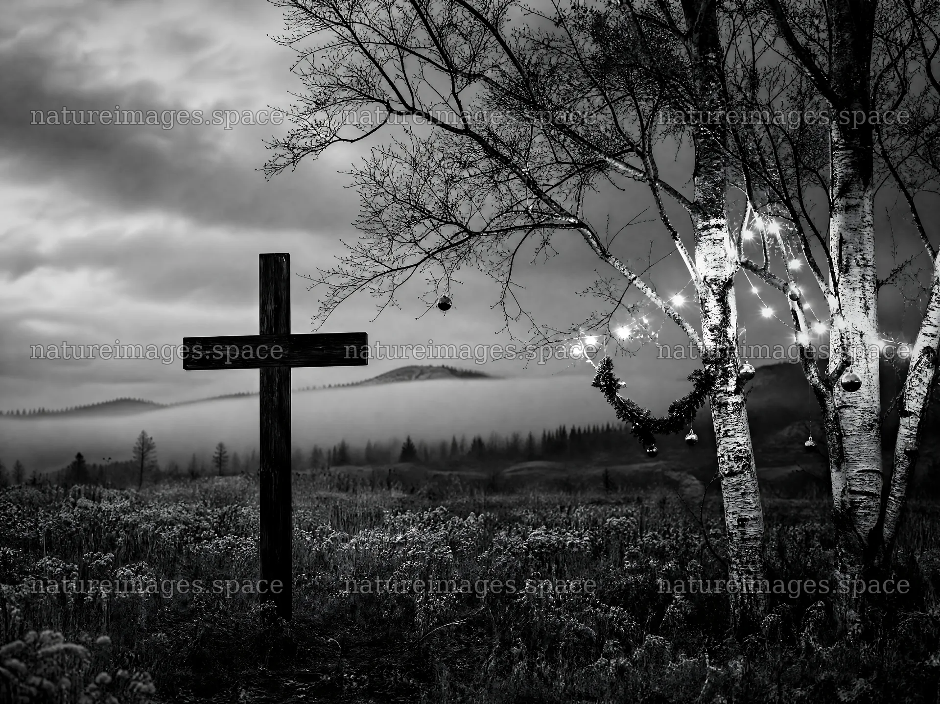 Weathered Christian cross in misty meadow at dawn – nature images 9172x6868
