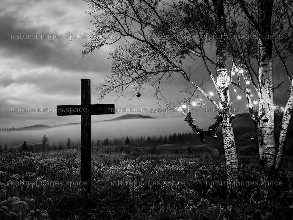 Weathered Christian cross in misty meadow at dawn – nature images 9172x6868