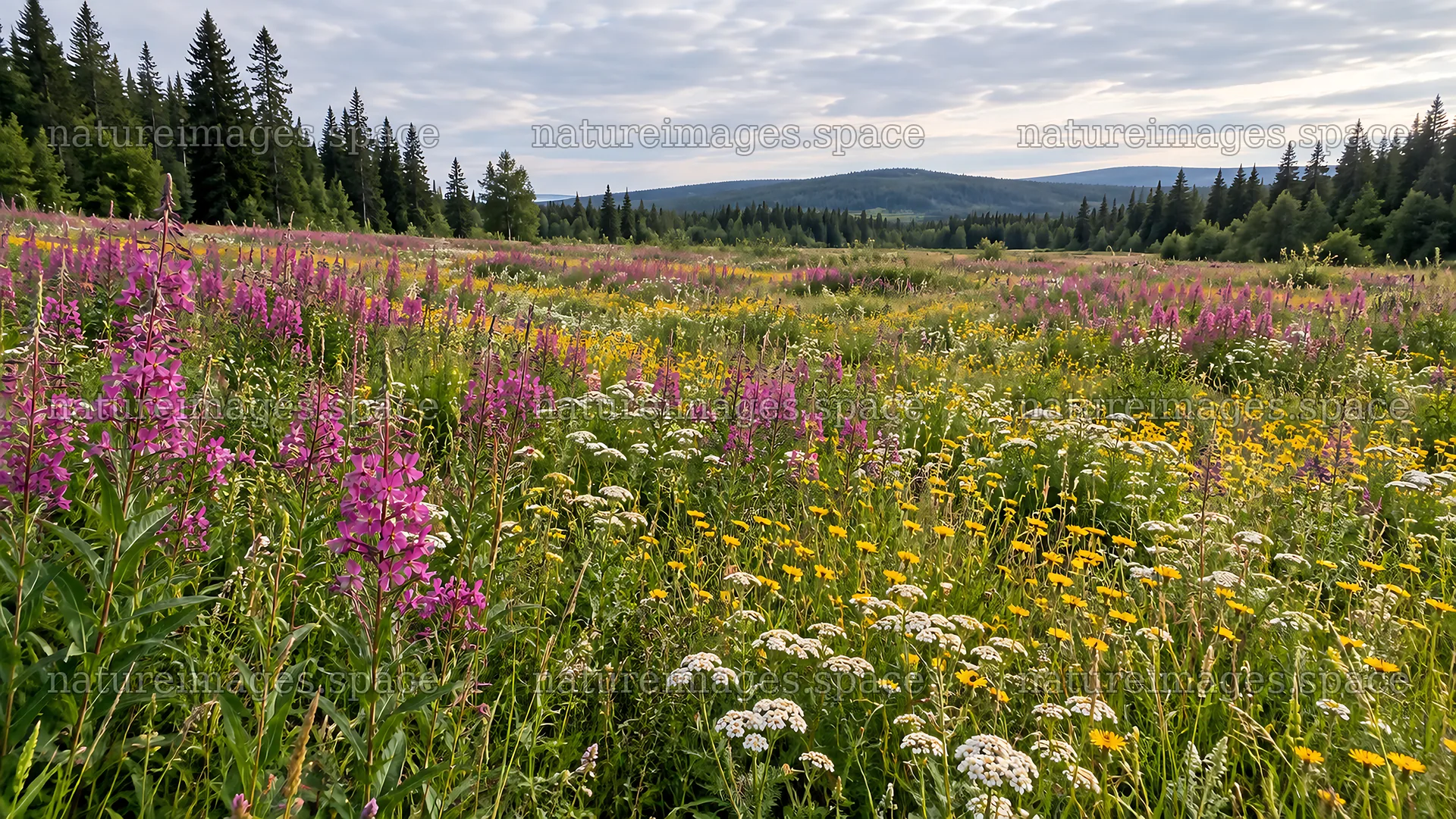 Wildflower Meadow in a Forest Clearing – nature images 10324x5812