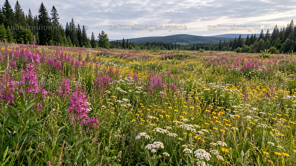 Wildflower Meadow in a Forest Clearing – nature images 10324x5812