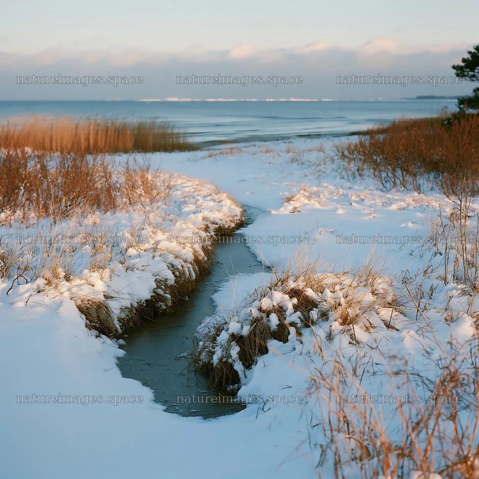 Snowy beach meadow with streams and coastal view – nature images 7938x7938