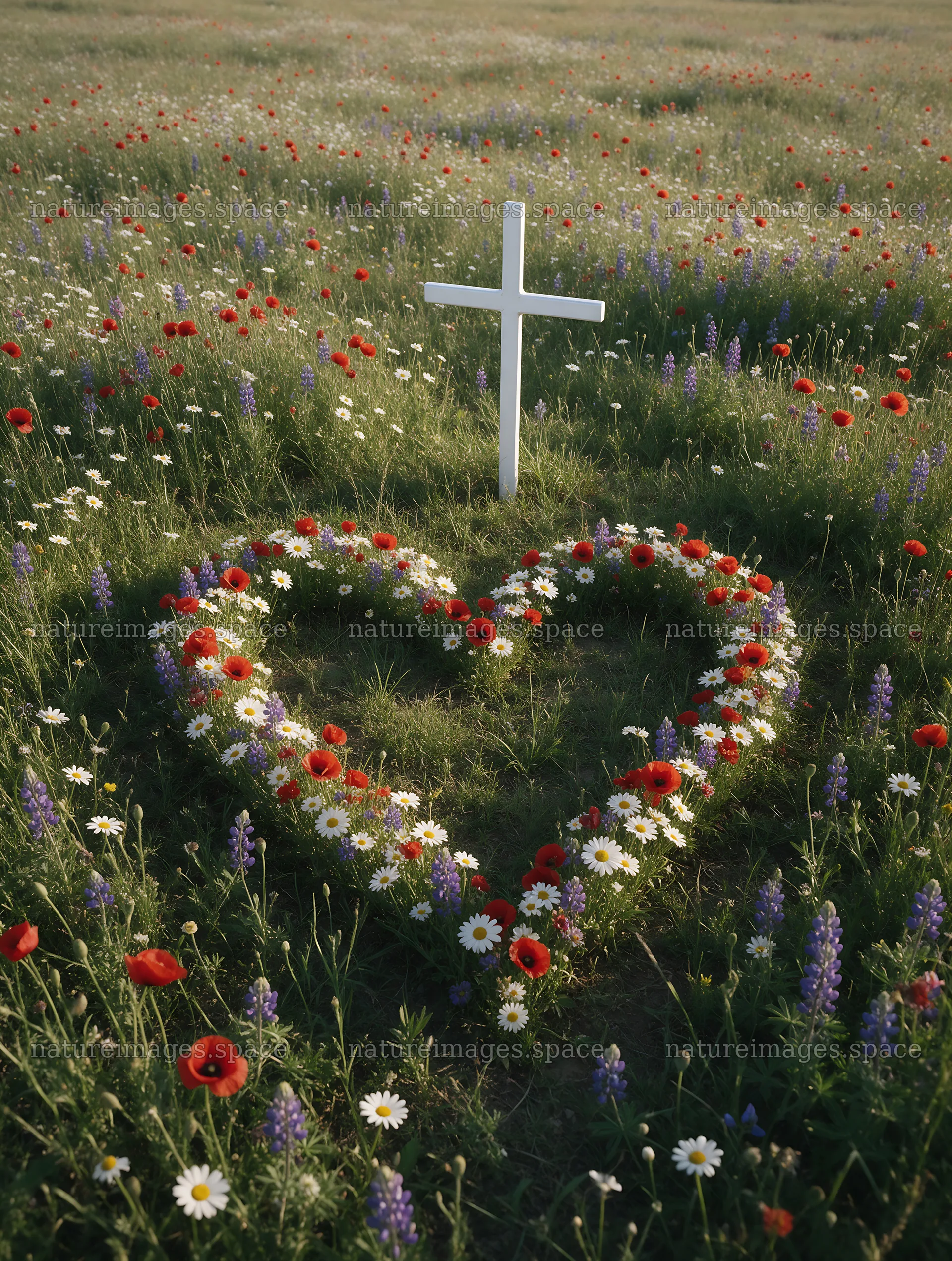 White Christian cross among wildflowers in a meadow – nature images 6898x9134