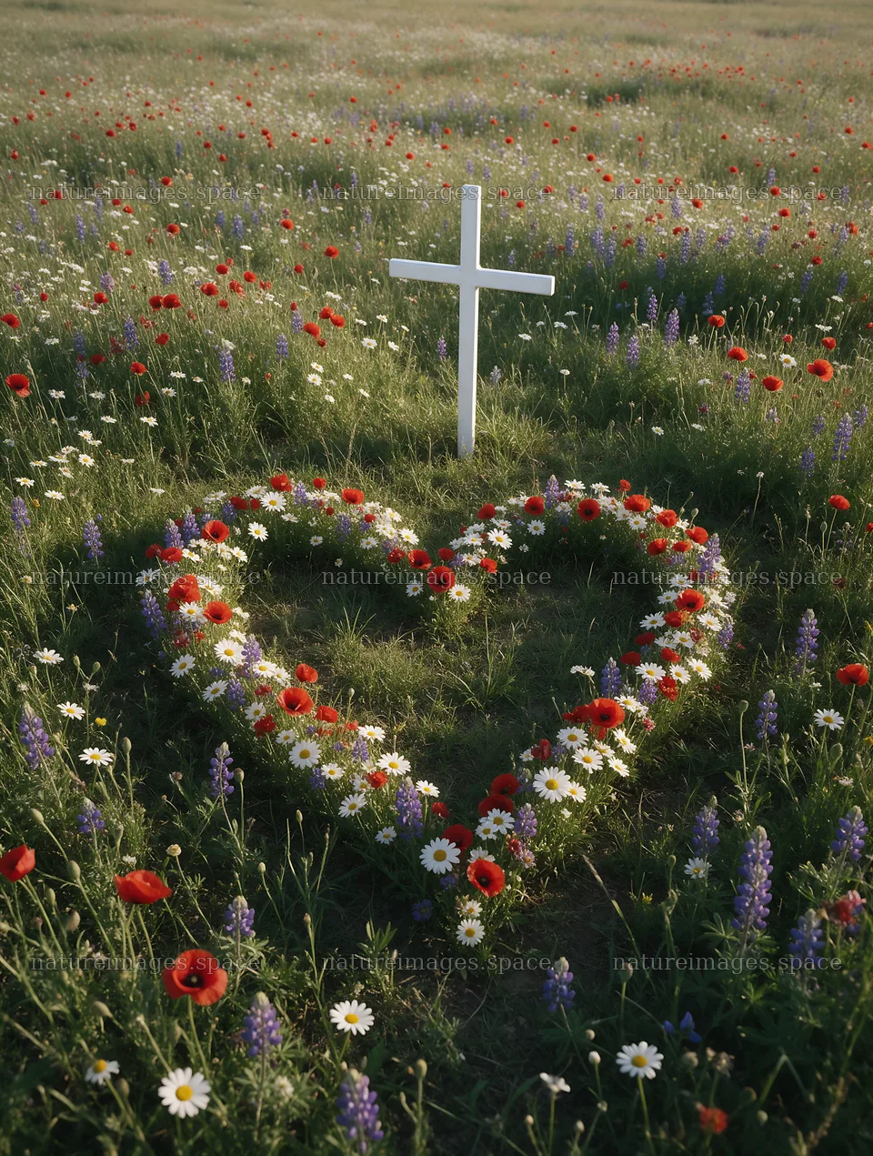 White Christian cross among wildflowers in a meadow – nature images 6898x9134