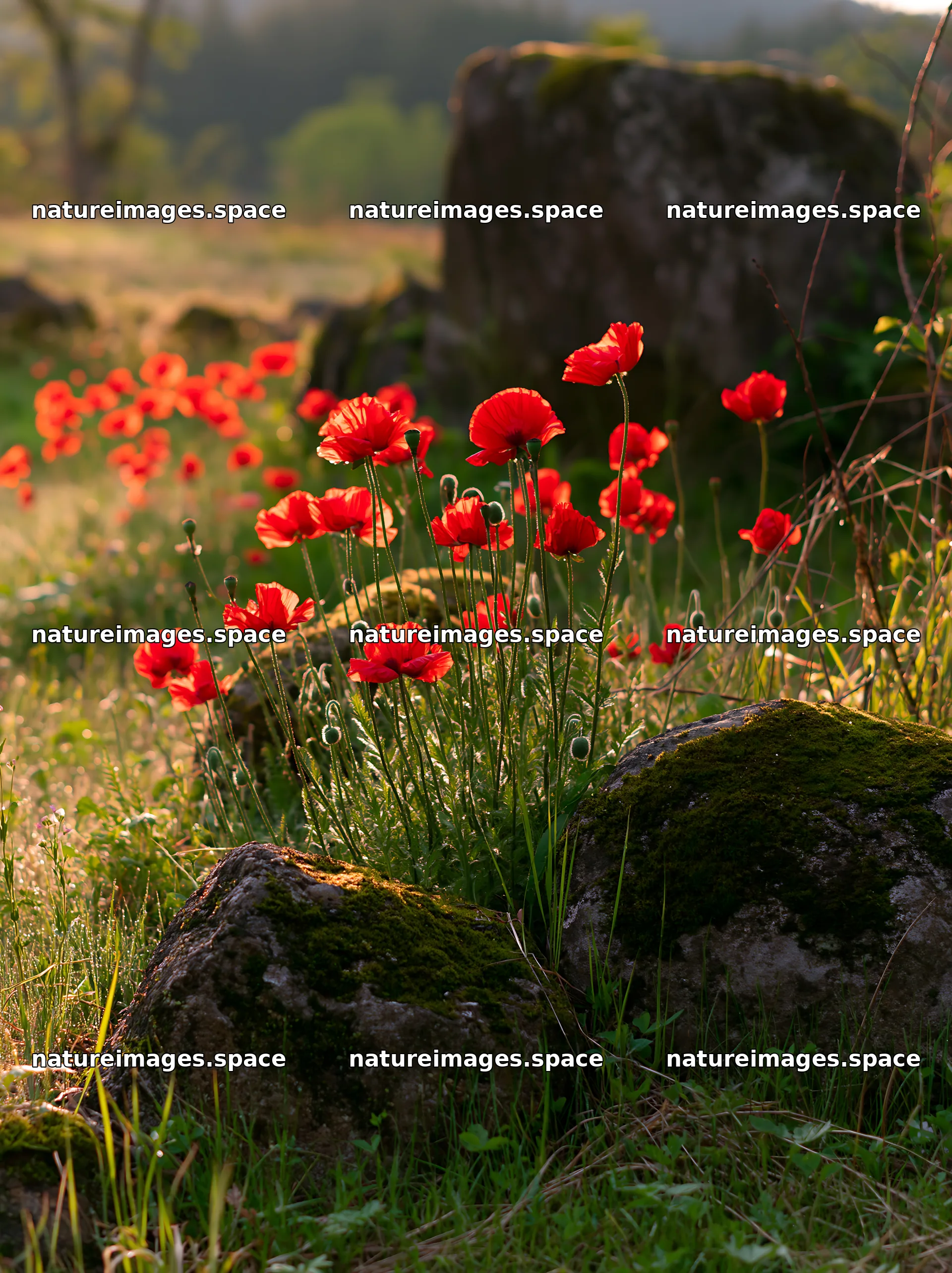 Miyagi spring recovery meadow mossy stone with red flowers – nature images 6866x9174