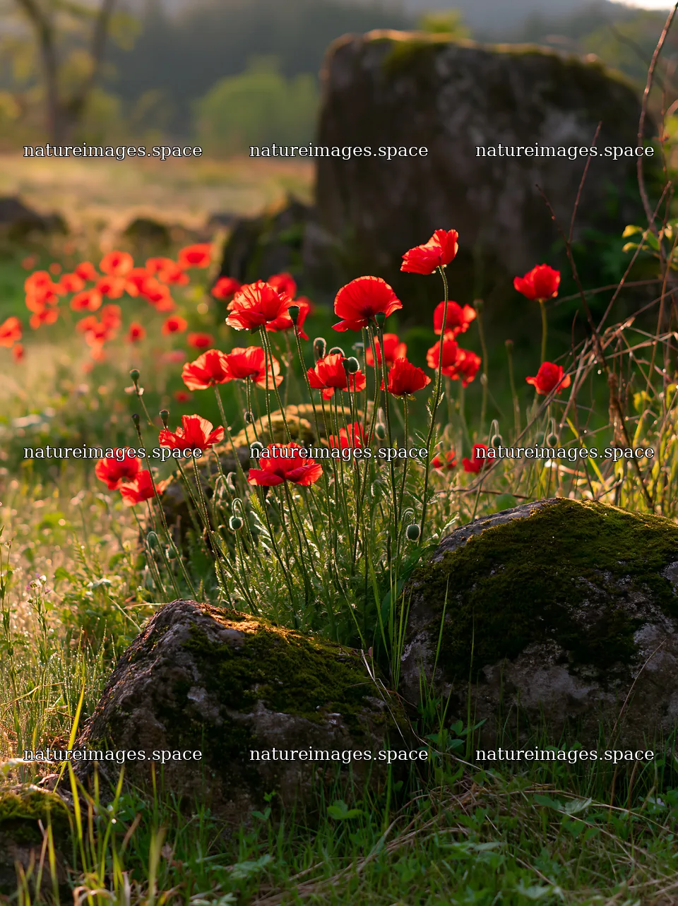 Miyagi spring recovery meadow mossy stone with red flowers – nature images 6866x9174