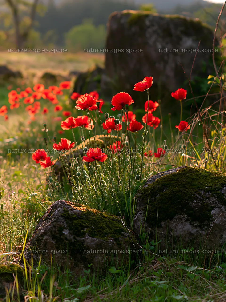 Miyagi spring recovery meadow mossy stone with red flowers – nature images 6866x9174