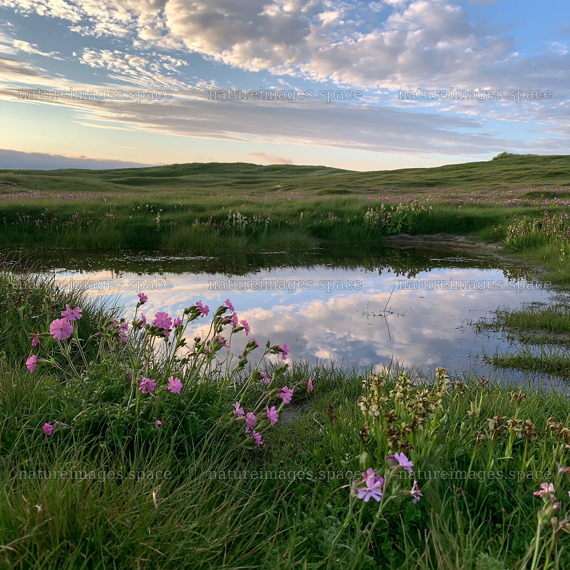 Machair beach meadow with flowers and cloud reflections – nature images 7938x7938
