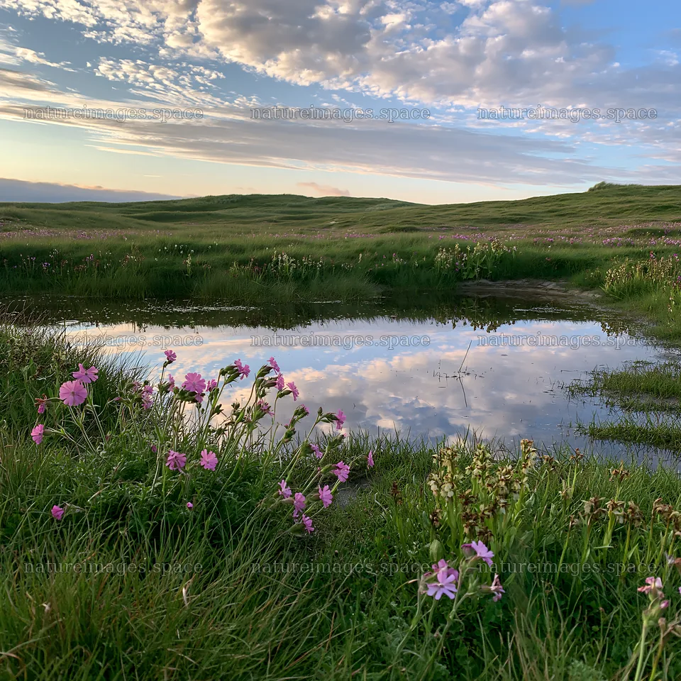 Machair beach meadow with flowers and cloud reflections – nature images 7938x7938