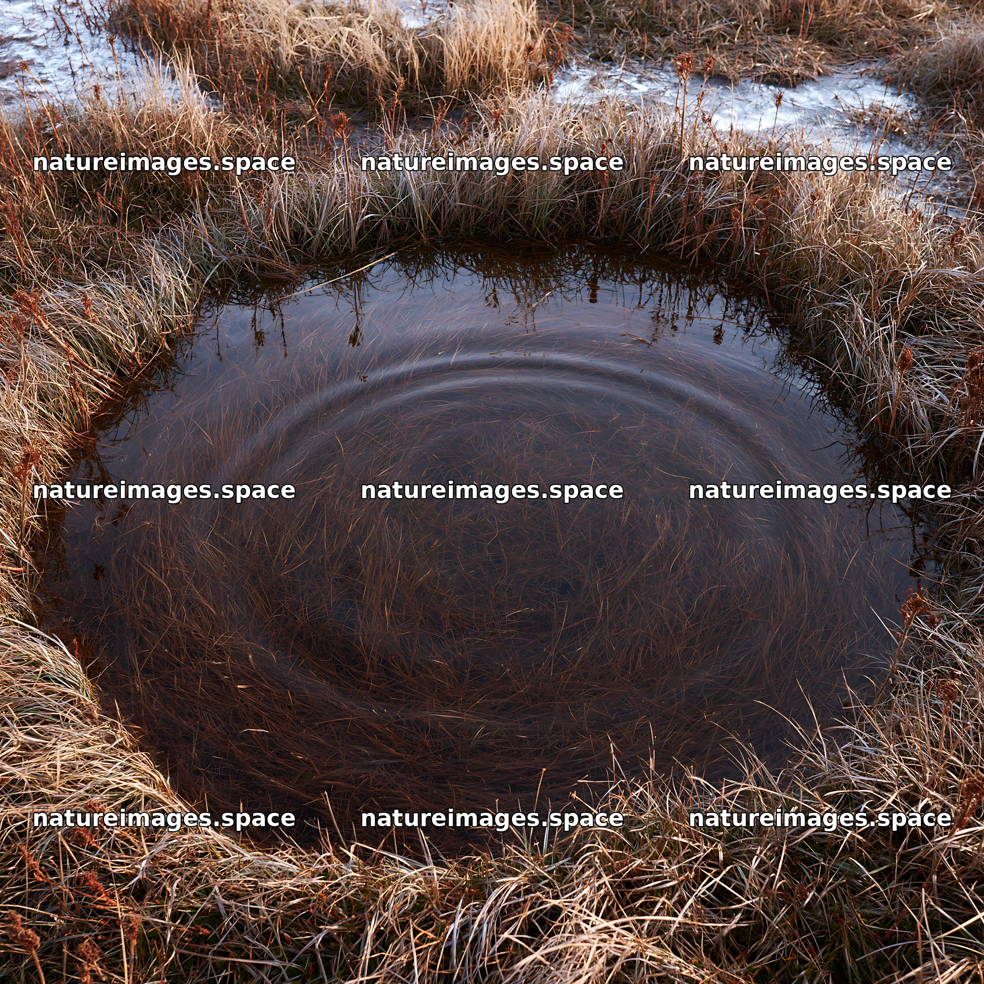 Akita snowmelt meadow with silver grasses and a circular water pool – nature images 7938x7938