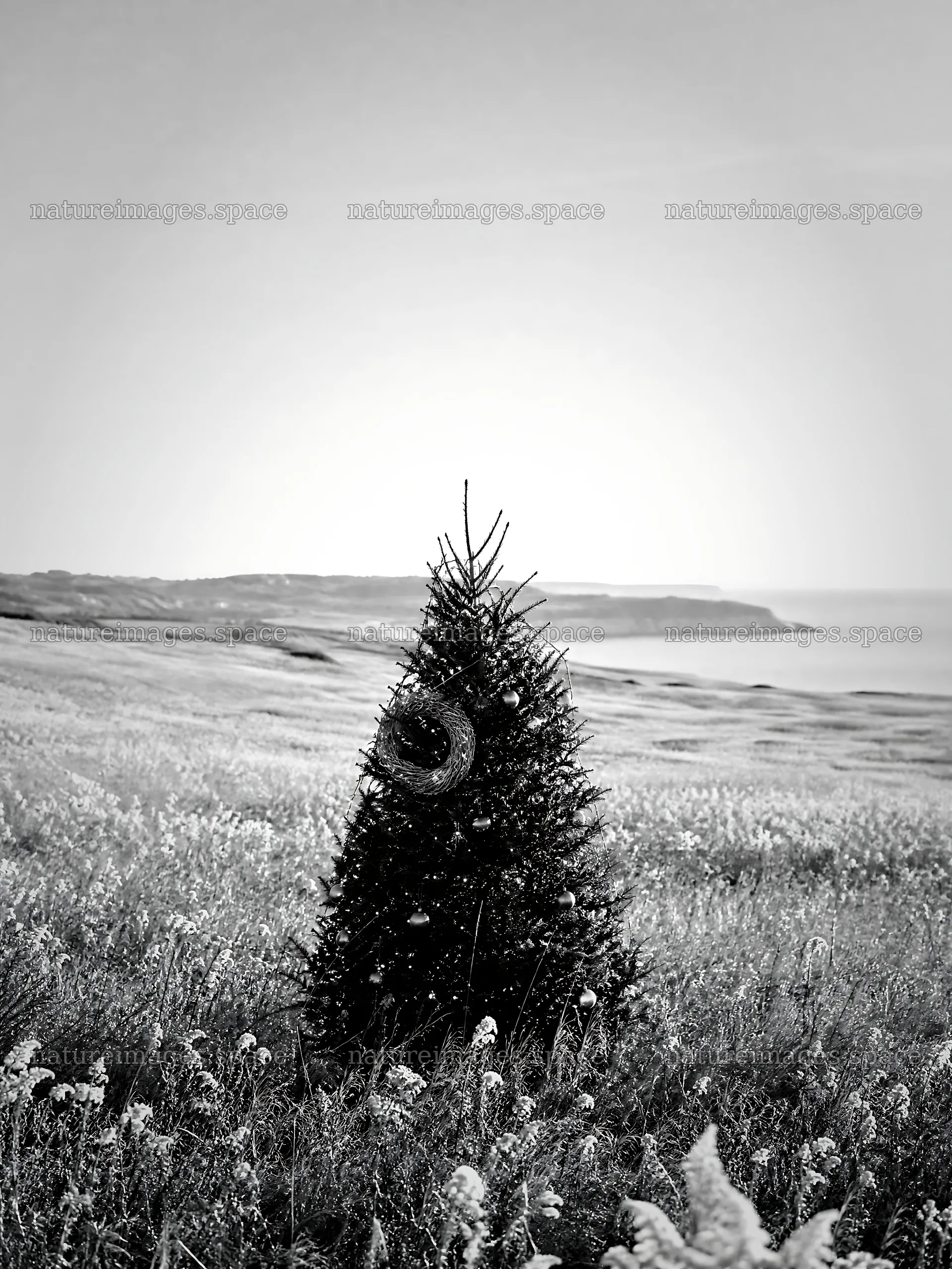 Vibrant Christmas tree in meadow under winter sunlight – nature images 6874x9166