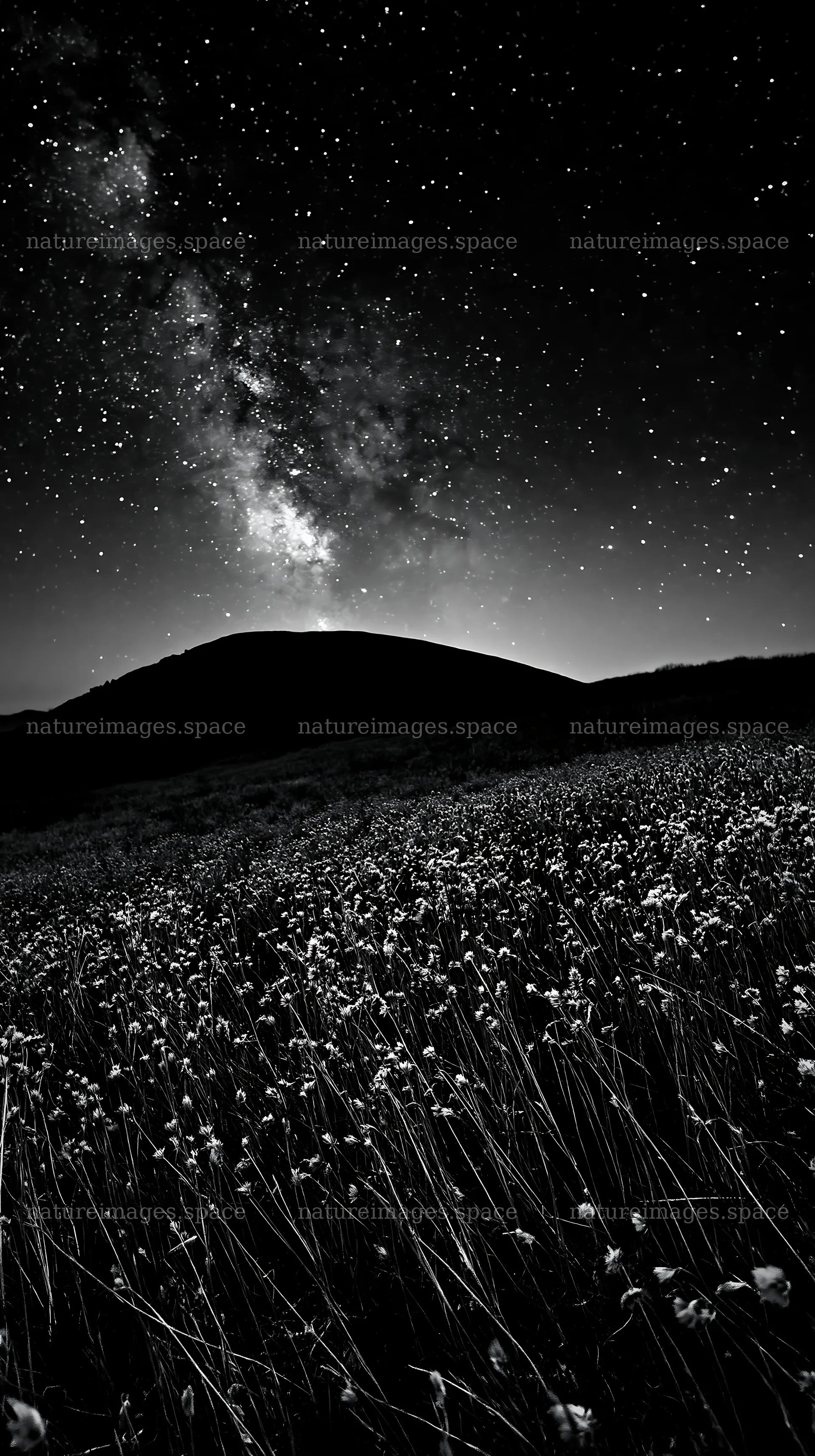 Meadow with seedheads under a starry night sky – nature images 5938x10608