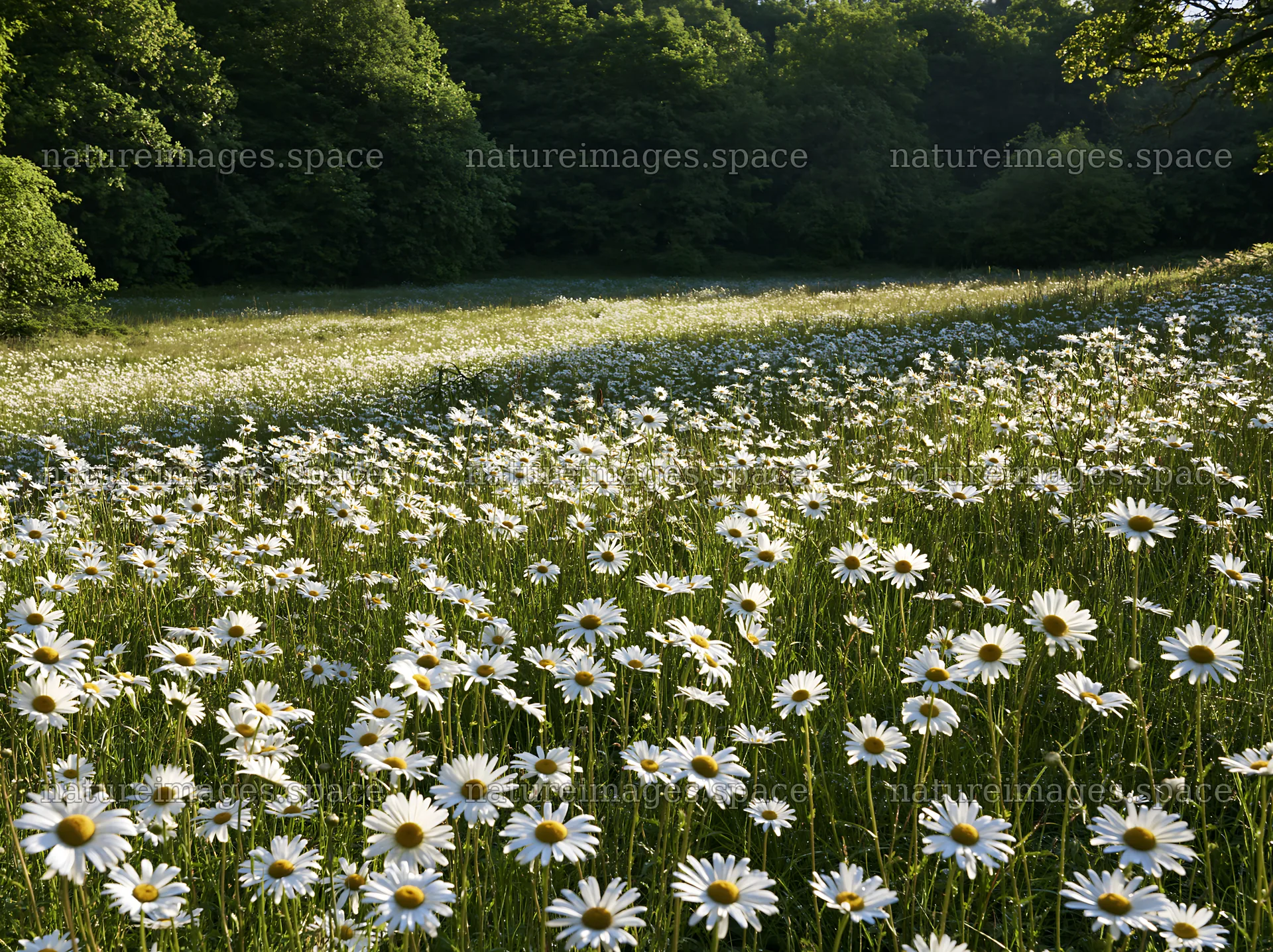 Meadow of daisies at the forest edge in bright daylight – nature images 9174x6866