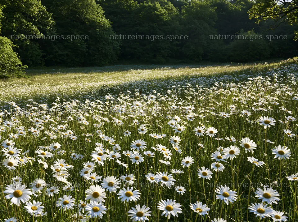 Meadow of daisies at the forest edge in bright daylight – nature images 9174x6866