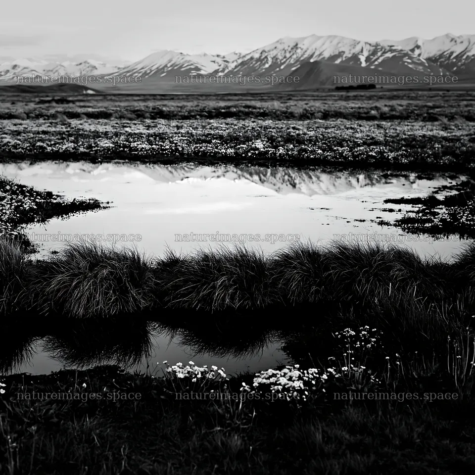 Meadow by Lake Tekapo with snowy alps and reflecting water – nature images 7938x7938